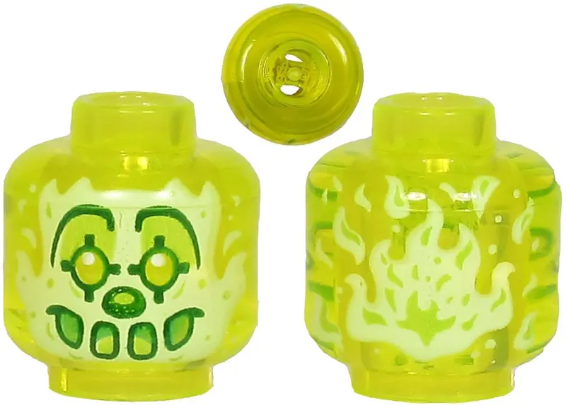 Trans-Neon Green Minifigure, Head Alien Ghost Clown with Yellowish Green Face, Large Drawn Eyebrows,