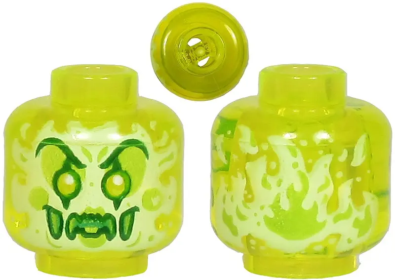 Trans-Neon Green Minifigure, Head Alien Ghost Clown with Yellowish Green Face, Large Raised Eyebrows