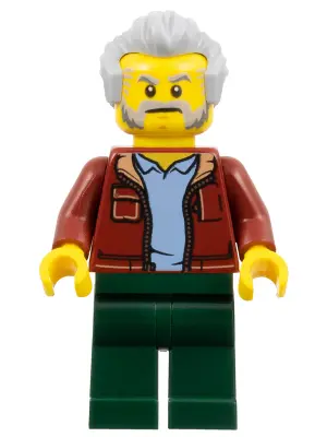 Man, Dark Red Jacket with Bright Light Blue Shirt, Dark Green Legs, Light Bluish Gray Hair, Beard an