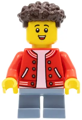 Boy, Red Jacket with Striped Trim, Sand Blue Short Legs, Dark Brown Hair