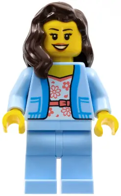 Female - Bright Light Blue Jacket over White Shirt with Coral Flowers, Bright Light Blue Legs, Dark 