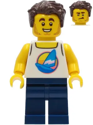 Surfer - Male, White Tank Top with Dark Azure Sailboat, Dark Blue Legs, Dark Brown Hair