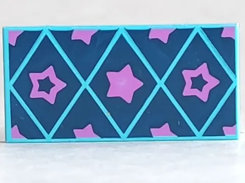 Medium Azure Tile 2 x 4 with Dark Pink Stars on Dark Blue Diamonds Pattern