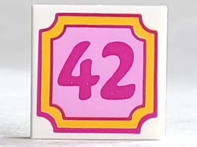 White Tile 2 x 2 with Dark Pink '42' in Yellow Frame with Bright Pink Background Pattern