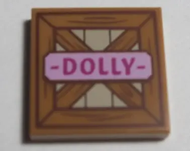 Medium Nougat Tile 2 x 2 with Wooden Fence and Bright Pink Name Tag with Magenta 'DOLLY' Pattern