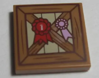 Medium Nougat Tile 2 x 2 with Wooden Fence and Red 1st Place Ribbon Pattern