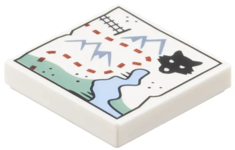 Tile 2 x 2 with Map, Sand Blue Mountains, Black Train Tracks and Wolf Head, Reddish Brown Dotted Lin