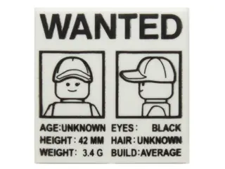 White Tile 2 x 2 with 'WANTED' Minifigure Front and Side Mugshots Poster Pattern