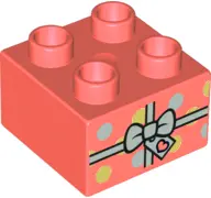 Coral Duplo, Brick 2 x 2 with Present / Gift with White Bow and Polka Dots Pattern