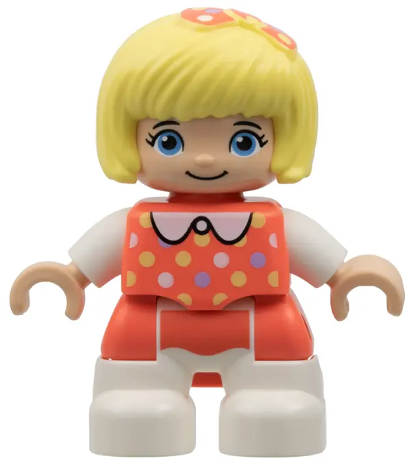 Duplo Figure Lego Ville, Child Girl, White Legs, Coral Top with Polka Dots Pattern, White Arms, Brig