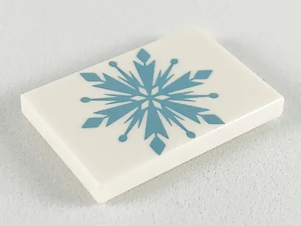 White Tile 2 x 3 with Metallic Light Blue Snowflake Pattern
