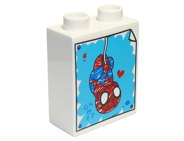 White Duplo, Brick 1 x 2 x 2 with Drawing of Spider-Man Hanging with Red Heart Pattern