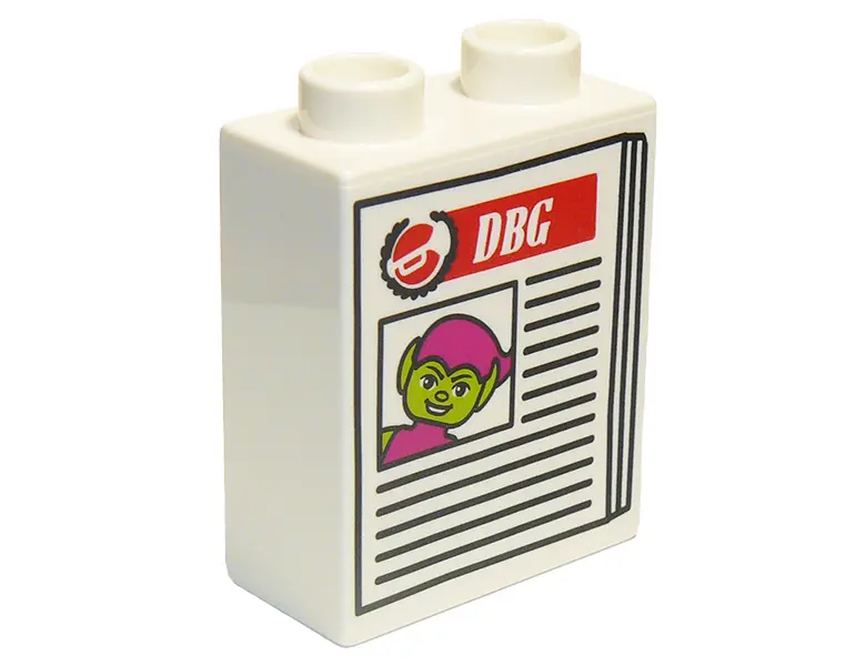White Duplo, Brick 1 x 2 x 2 with Newspaper 'DBG' and Green Goblin Pattern