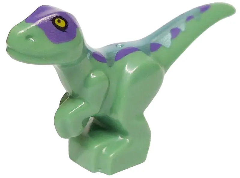 Sand Green Dinosaur Baby Standing with Dark Purple Back, Metallic Light Blue Stripes, and Yellow Eye