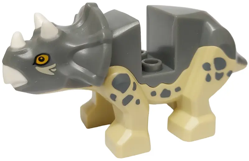 Tan Dinosaur Triceratops Baby with Fixed Dark Bluish Gray Top with Molded White Horns and Beak and P