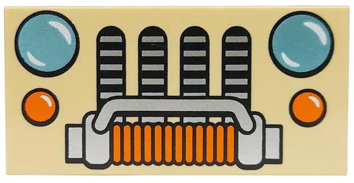 Tan Tile 2 x 4 with Metallic Light Blue Headlights, Orange Blinkers and Rope, Silver Grille and Bump