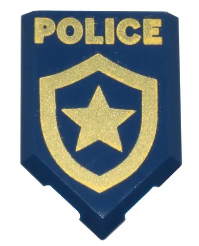 Dark Blue Tile, Modified 2 x 3 Pentagonal with Gold 'POLICE' and Star Badge Logo Pattern