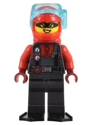 Police - Crook, Female, Red and Pearl Dark Gray Diving Suit, Black Flippers, Red Helmet and Air Tank