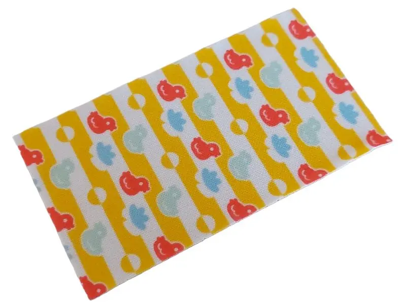 White Duplo, Cloth Towel 5 x 9 cm with Coral and Light Aqua Ducks, Medium Blue Spots and Yellow Stri