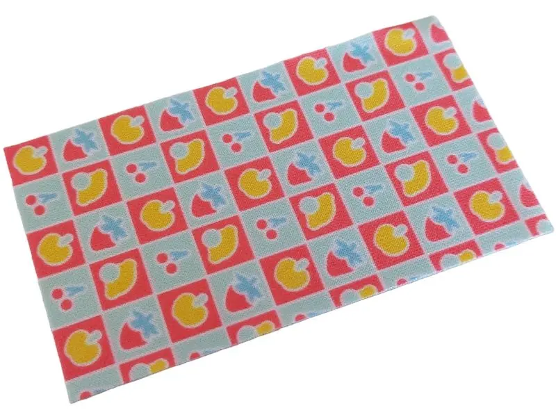 White Duplo, Dishcloth 5 x 9 cm with Coral and Light Aqua Squares with Yellow Apples and Lemons, Cor