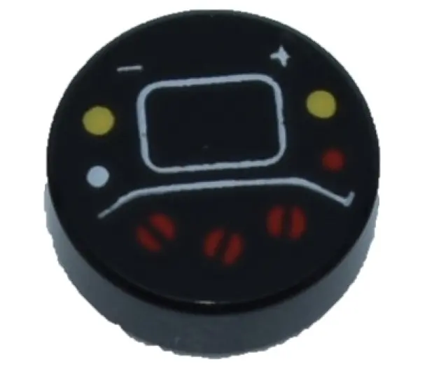 Black Tile, Round 1 x 1 with Red, White and Yellow Buttons, Plus Sign (+), Minus Sign (-), and Lines
