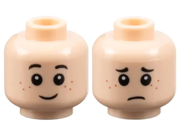 Nougat Minifigure, Head Dual Sided Child Black Eyebrows, Reddish Brown Freckles, Grin / Sad Frown Pa