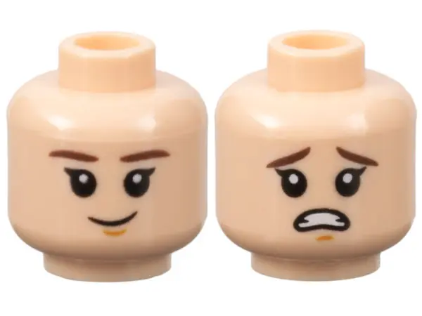 Nougat Minifigure, Head Dual Sided Child Dark Brown Eyebrows, Medium Nougat Chin Dimple, Grin / Scar
