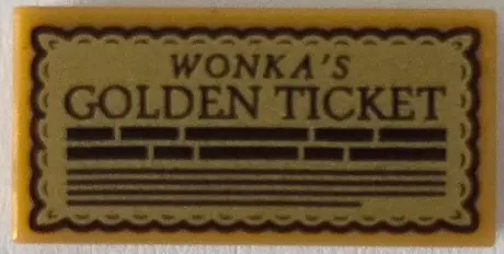 Gold Tile 1 x 2 with Black 'WONKA'S GOLDEN TICKET' and Lines of Writing on Gold Background Pattern