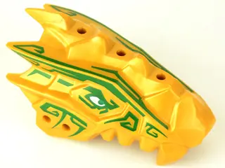 Pearl Gold Dragon Head (Ninjago) Jaw Upper Spiny with Dark Green Stripes and White Eyes Pattern