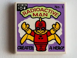 White Tile 2 x 2 with Radioactive Man Comic Book Cover Pattern