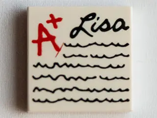 White Tile 2 x 2 with Red 'A+', Black Script 'Lisa' and Scribbles Pattern
