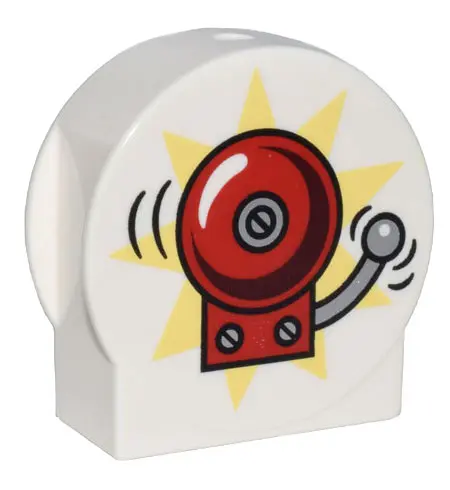 White Duplo, Brick 1 x 2 x 2 Round Top, Cut Away Sides with Ringing Red Fire Alarm Bell on Bright Li
