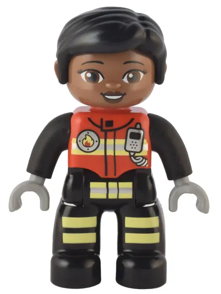 Duplo Figure Lego Ville, Female Firefighter, Black Legs with Reflective Stripes, Red Vest with Silve