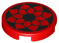 Red Tile, Round 2 x 2 with Bottom Stud Holder With Black Floral Outline Pattern