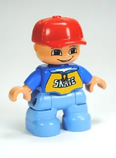 Duplo Figure Lego Ville, Child Boy, Medium Blue Legs, Blue Top with 'SKATE' Pattern, Red Cap (623382