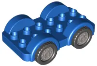 Blue Duplo Car Base 2 x 6 with Black Tires with Flat Silver Wheels on Fixed Axles