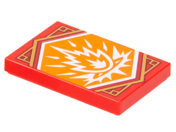 Red Tile 2 x 3 with White Fire on Orange Background with Gold Trim Pattern (Ninjago Strength Banner)