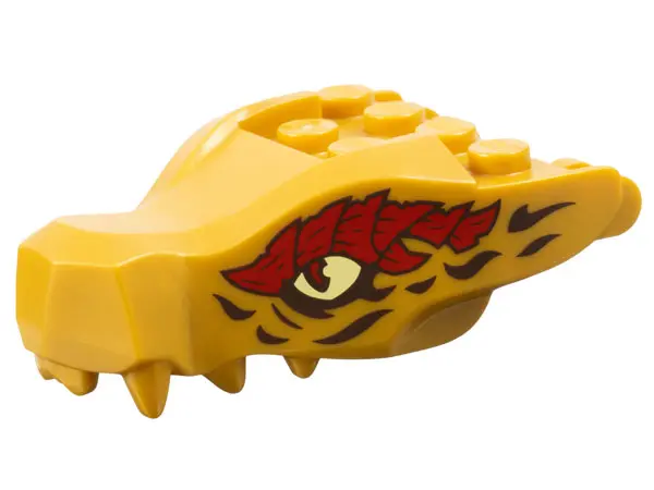 Pearl Gold Dragon Head (Ninjago) Jaw with 2 Bar Handles on Back with Bright Light Yellow Eyes and Da