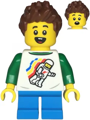Child - Boy, Classic Space Shirt with Minifigure Floating and Back Print, Dark Azure Short Legs, Red