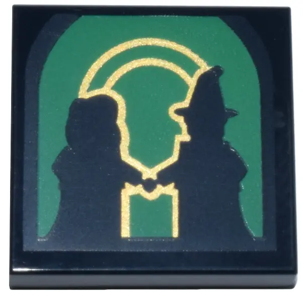 Tile 2 x 2 with Glinda and Elphaba Minifigure Silhouettes, Gold Outlines and Bow on Green Window Bac