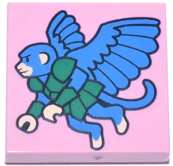 Pink Tile 2 x 2 with Dark Azure and Light Nougat Flying Monkey with Green Armor, Black Outline Patte