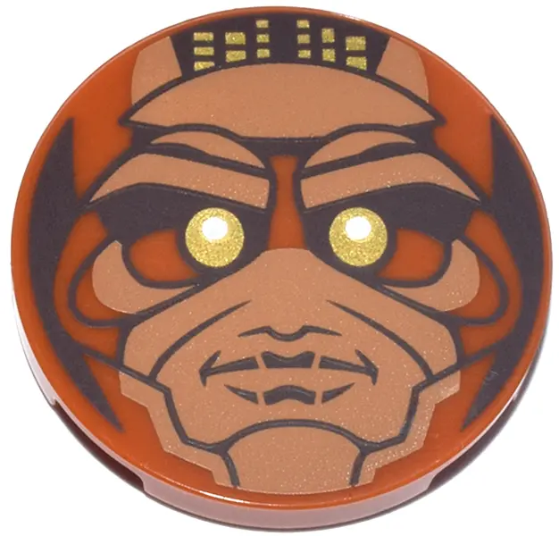 Orange Tile, Round 3 x 3 with Medium Nougat Flying Monkey Face with Dark Brown Eyebrows, Gold and Wh