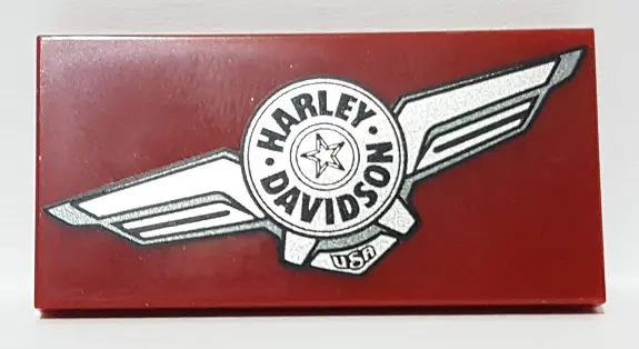 Dark Red Tile 2 x 4 with Silver Harley-Davidson Logo Pattern Model Left Side