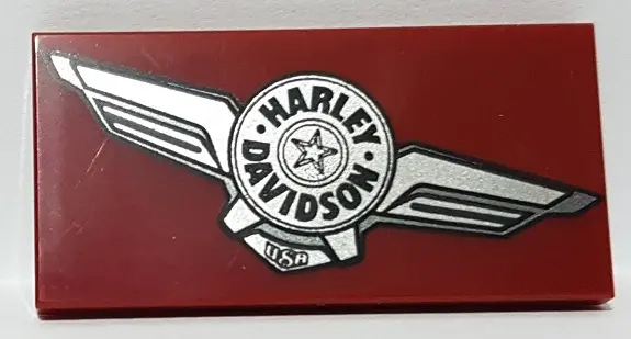 Dark Red Tile 2 x 4 with Silver Harley-Davidson Logo Pattern Model Right Side