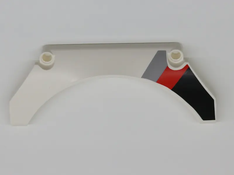 White Technic, Panel Car Mudguard Arched 13 x 2 x 5 Straight Top with Black, Red and Gray Diagonal S