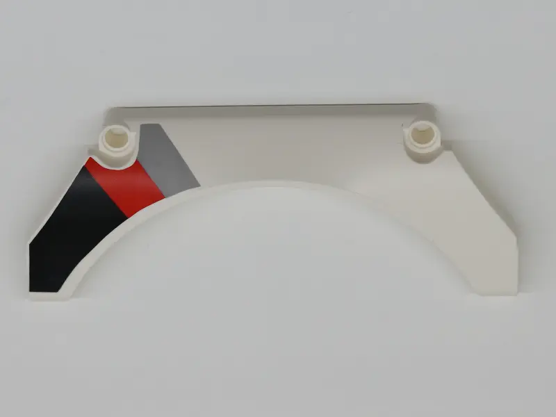 White Technic, Panel Car Mudguard Arched 13 x 2 x 5 Straight Top with Black, Red and Gray Diagonal S
