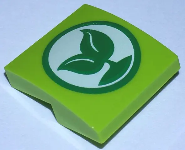 Lime Slope, Curved 2 x 2 x 2/3 with Green Sprout with 2 Leaves on White Circle Pattern