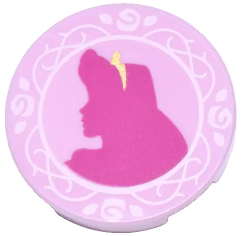Bright Pink Tile, Round 2 x 2 with Bottom Stud Holder with Magenta Aurora Silhouette, Gold Tiara, an