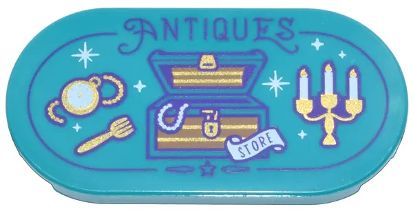 Dark Turquoise Tile, Round 2 x 4 Oval with Gold Treasure Chest, Watch, Fork, and Candelabra, White S