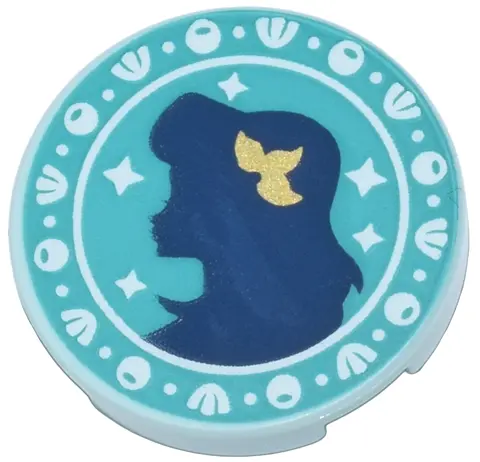 Light Aqua Tile, Round 2 x 2 with Bottom Stud Holder with Dark Blue Ariel Silhouette, Gold Flower, a